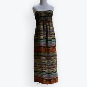 Striped Silk Crepe Shirred Bodice Lined Long Flowy Dress Side Zipper ~ Unsized